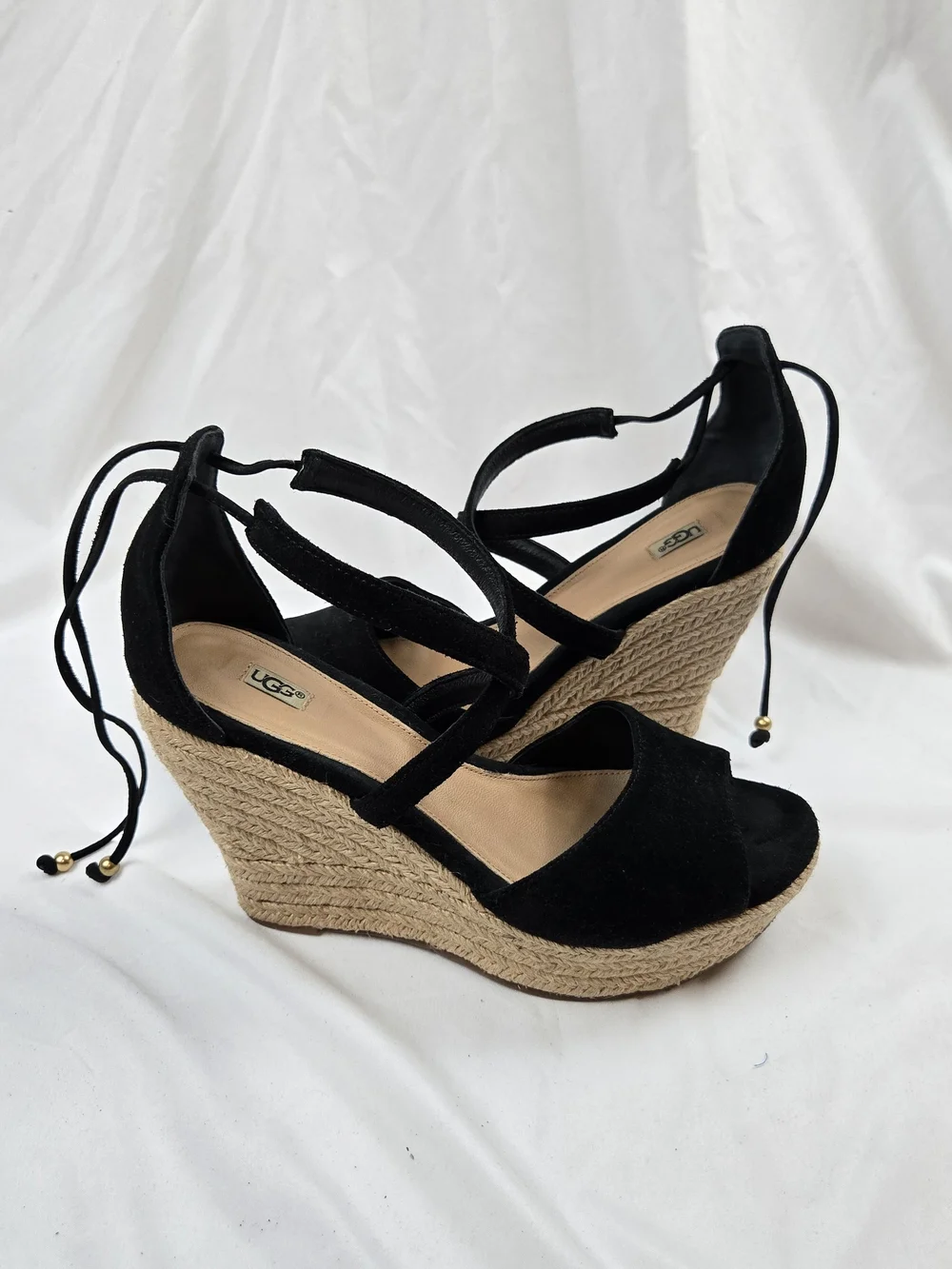 UGG Women's Black Suede Espadrille Wedge Sandals Lace-Up Size 8